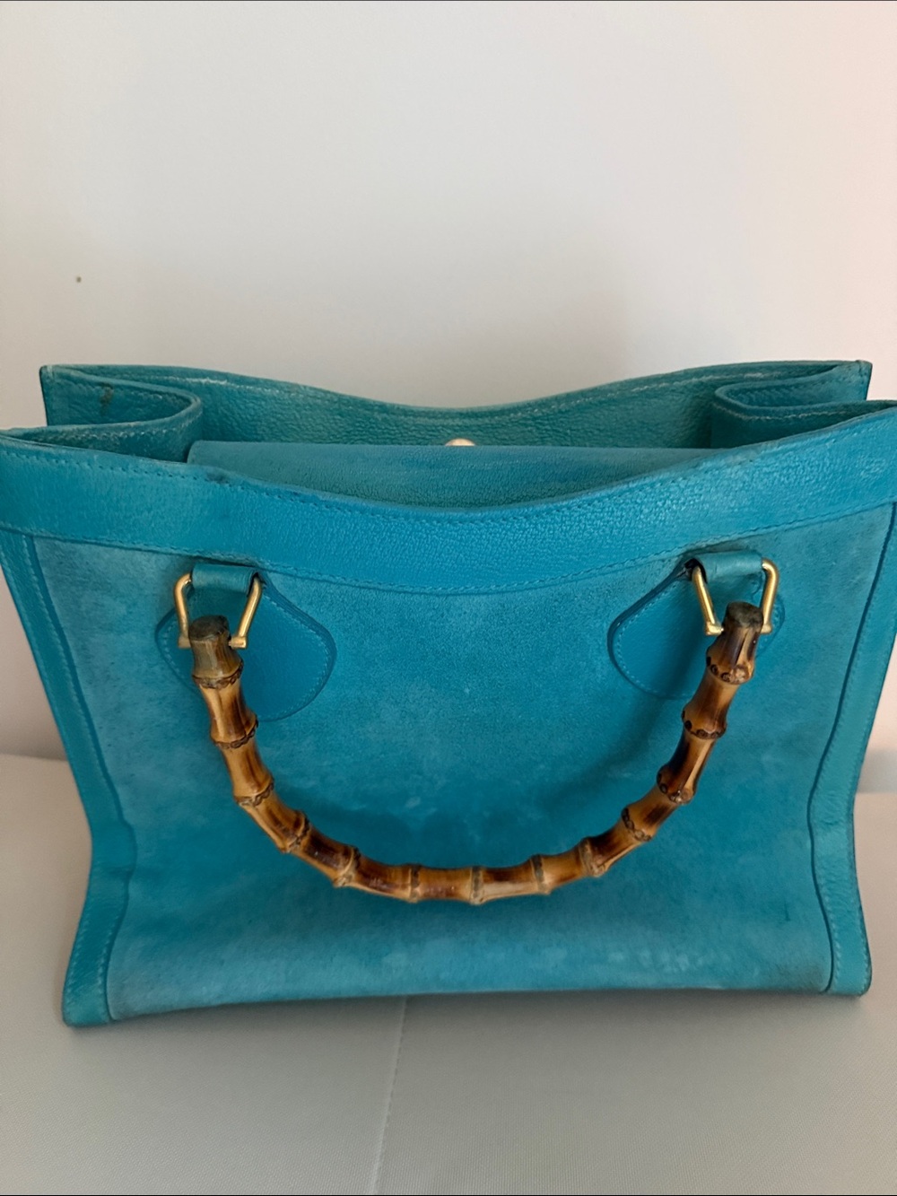 Vintage Gucci Turquoise Suede Tote with Bamboo Handle - Picture 2 of 12